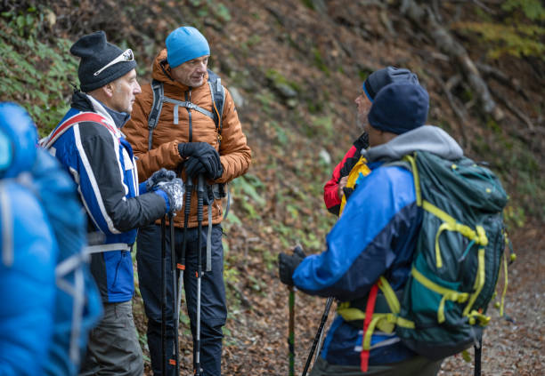 istock Group Of Friends Hiking In Forest 1395547243
