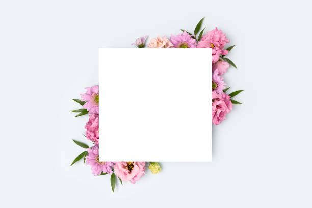 istock Square paper card with border frame made of eustoma flower on a blue pastel background. 1395548686