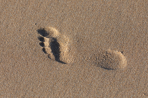 The footprint of a person in the sand of the beach, forms a relief full of form thanks to the strong shadows and lights of the morning, of Zahara de los Atunes