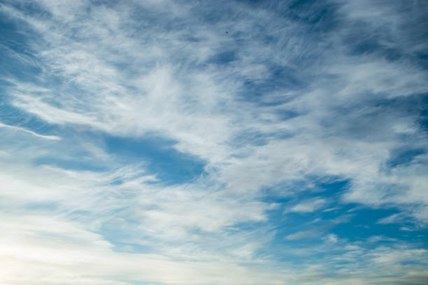 istock Blue sky background. Light cirrus clouds in rays of  sun on summer day. 1395549186