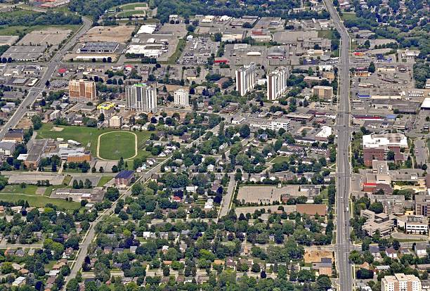 Kitchener Waterloo aerial aerial view of Kitchener-Waterloo Ontario,  Columbia Street in Waterloo area kitchener ontario photos stock pictures, royalty-free photos & images