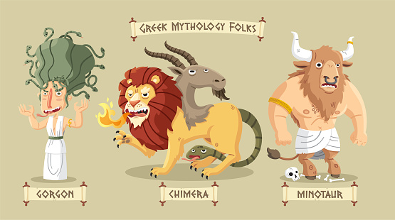 Greek mythology characters set: the evil gorgon Medusa, a chimera throwing flames and an a big angry minotaur.