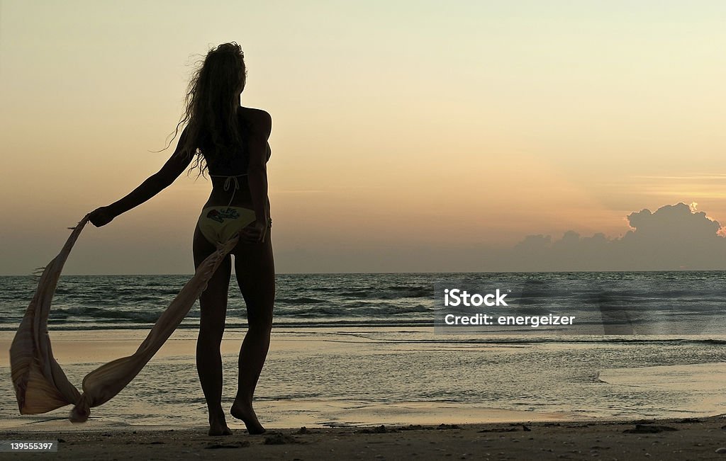 Bella donna in bikini sulla spiaggia al tramonto look - Foto stock royalty-free di Acqua