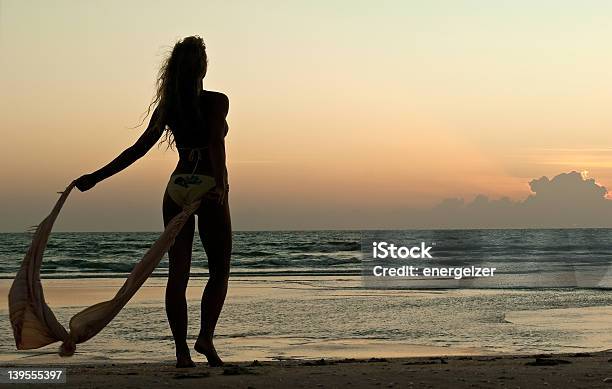 Bella Donna In Bikini Sulla Spiaggia Al Tramonto Look - Fotografie stock e altre immagini di Acqua