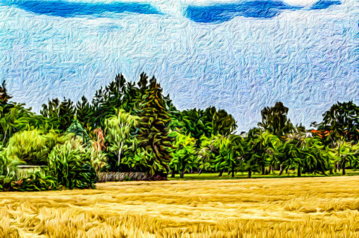 Painting of suburban landscape in the style of hand-drawn oil painting on canvas. Creative art design element