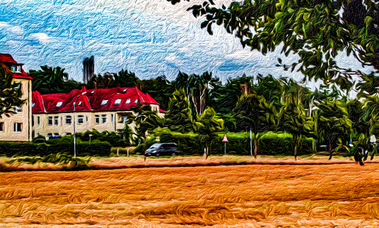 Painting of suburban landscape in the style of hand-drawn oil painting on canvas. Creative art design element