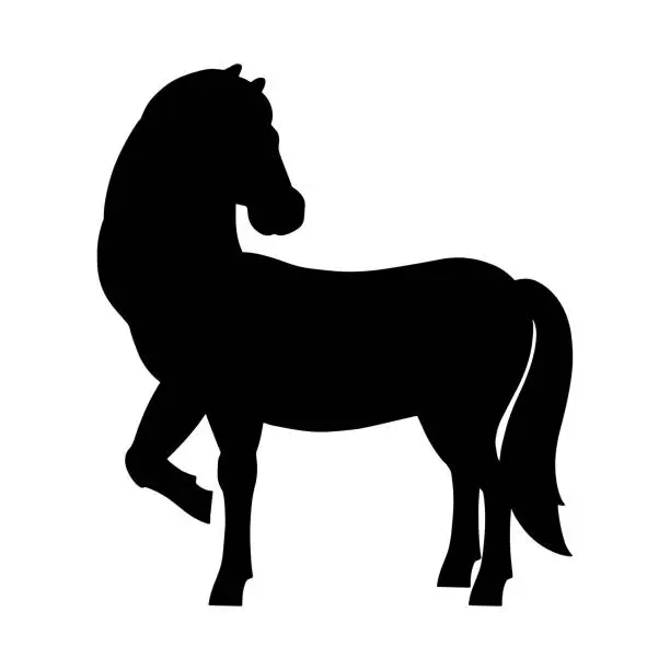 Vector illustration of Cute horse. Farm animal. Black silhouette. Design element. Vector illustration isolated on white background. Template for books, stickers, posters, cards, clothes.