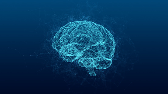 Brain. Low polygonal abstract digital human brain. Neural network. IQ testing, artificial intelligence virtual emulation science technology concept. Brainstorm think idea. 3D illustration