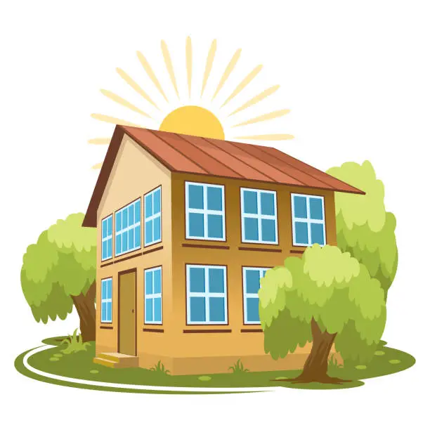 Vector illustration of Summer landscape. House surrounded by trees