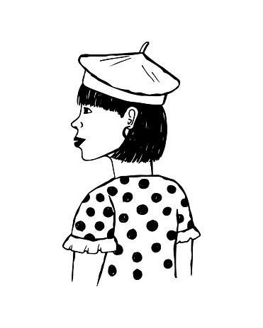 Vector fashion illustration of a girl in profile in a trendy polka dot dress and beret. Casual fashion.