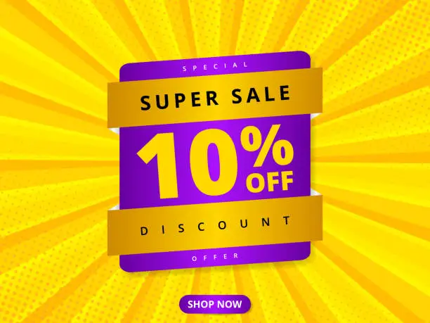 Vector illustration of Colorful sale banner discount 10 percent off. Yellow abstract background with super sale 10 percent off offer message. Advertising discount banner. Hot offer coupon.