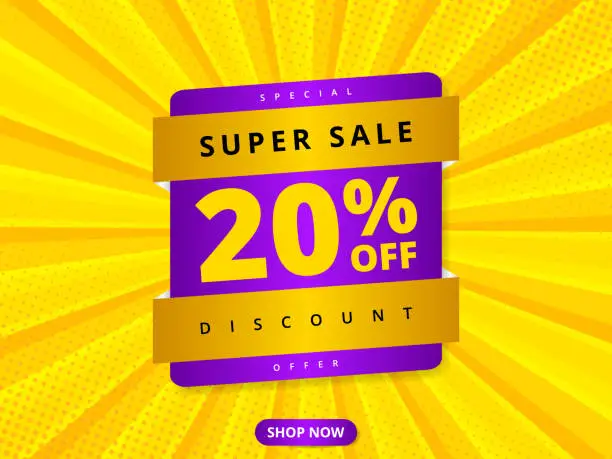 Vector illustration of Colorful sale banner discount 20 percent off. Yellow abstract background with super sale 20 percent off offer message. Advertising discount banner. Hot offer coupon.