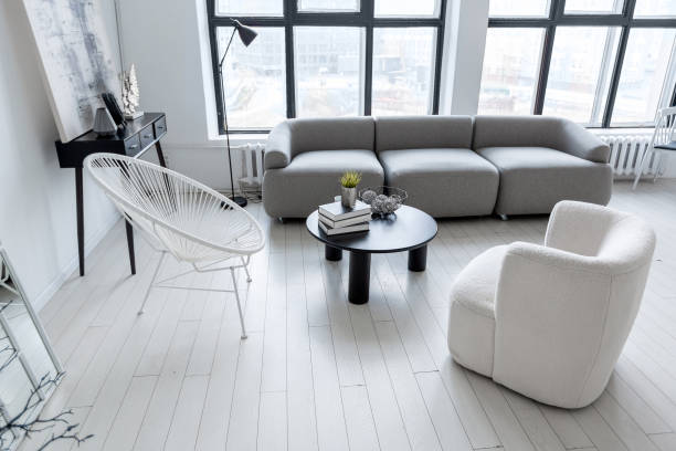 istock modern minimalistic interior design of light bright monochrome room with black and white furniture, clean white walls and huge windows 1395559030
