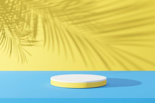istock Podium and palm leaf shadow on yellow with blue wall abstract background. Copy space of product presentation and tropical summer concept. 3D render graphic design. 1395560081