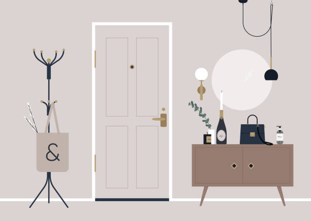 A decorated apartment entryway, a coat rack, and a mirror on the wall A decorated apartment entryway, a coat rack, and a mirror on the wall coat rack stock illustrations