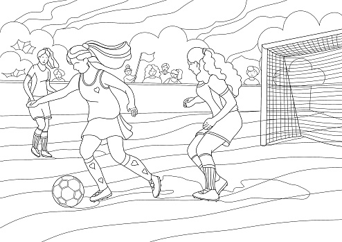 Coloring book for children and adults. Women's team playing football on the field with fans