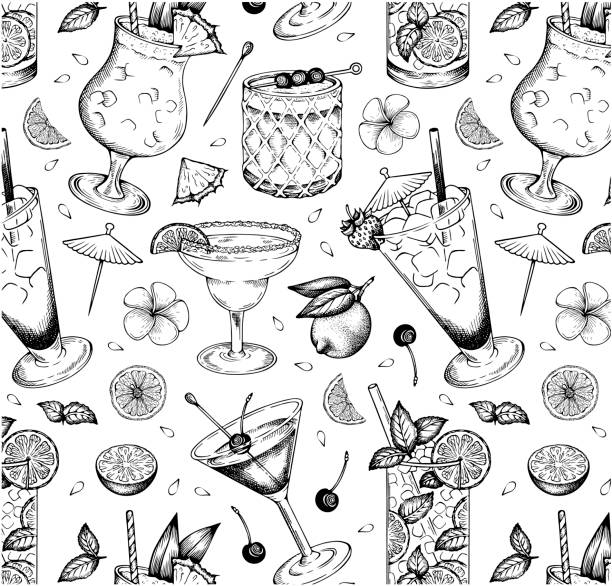 эскиз рисунка рисунка летних алкогольных коктейлей, изолированных на белом фоне. гравированные обои для напитков. - lime juice illustrations stock illustrations
