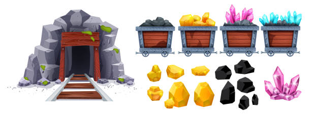 Gold mine cart set, vector old diamond wagon kit, full coil trolley, nugget truck, diamond crystal stone. Cave entrance, gray rock, iron rail, game mountain minerals collection. Gold mine treasure gold mining panning stock illustrations