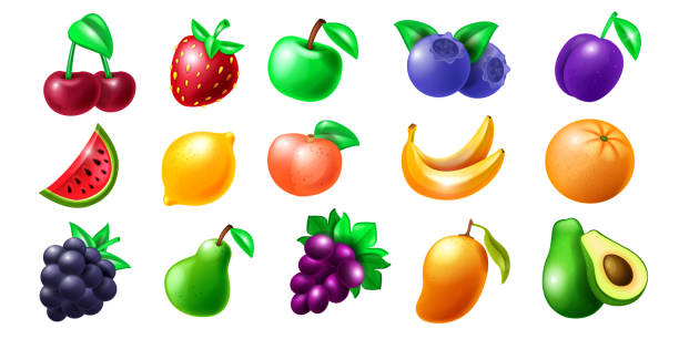 istock Casino slot fruit vector icon set, gambling machine cherry Vegas illustration kit, pear, glossy strawberry. 1395562209