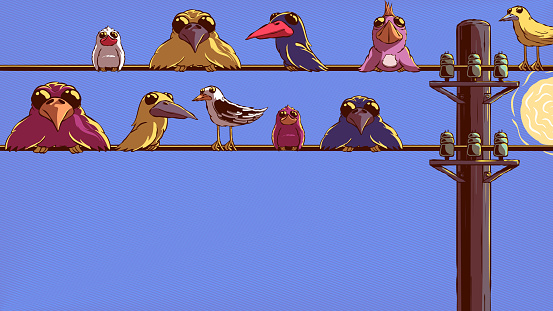 Funny cartoon cute banner illustration - Birds on wires.