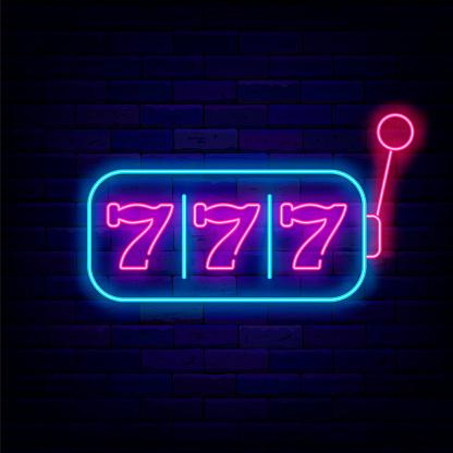 Slot machine neon signboard. Casino concept. Winner idea. gambling signboard. Game of chance. Nightlife concept on brick wall. Bright logo. Editable stroke. Vector stock illustration
