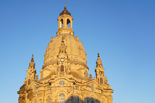 Dresden, Germany - January 21 2022: The Frauenkirche on the Neumarkt in the centre of Dresden. It is a famous landmark in the city.