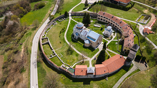 Aerial view of Studenica christian orthodox monastery from air. Serbia. Studenica monastery in south Serbia. Drone view. Fortified Monastery Studenica Unesco World Heritage Sites, Serbia.
