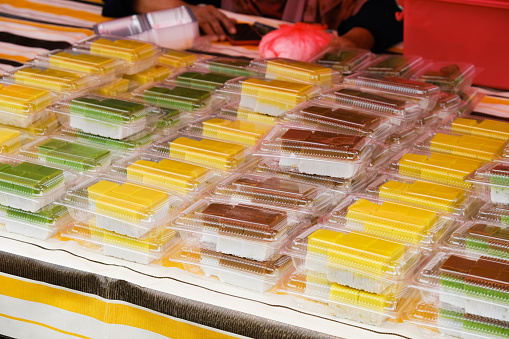 Thai sausages at market stall on historical food market in Phitsanulok during historical event by government