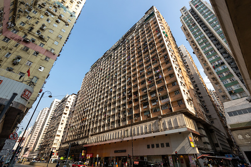 Hong Kong - April 14, 2022 : General view of the Metropole Building in King's Road, North Point, Hong Kong. Metropole Department Store is one of the largest department stores in North Point.