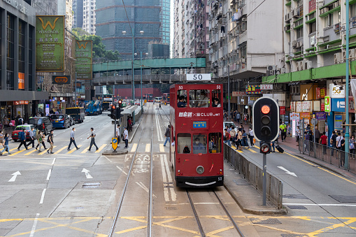 Hong Kong - April 14, 2022 : General view of the North Point section of King's Road in Hong Kong. King's Road is a major east-west road along the north of Hong Kong Island.