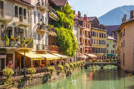 Old city of Annecy and the river Thiou in Haute-Savoie, France on a summer day