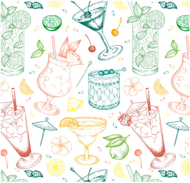 Sketch hand drawn pattern of Summer cocktails isolated on white background. Sketch hand drawn pattern of Summer cocktails isolated on white background. Outline drawing alcohol lemon drink wallpaper. Mint, pineapple, lime Mojito, Cosmopolitan, Margarita. Vector illustration. cocktail patterns stock illustrations