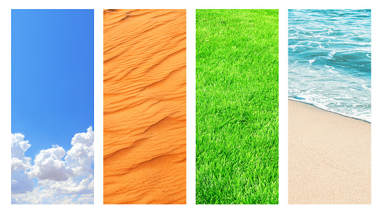 Collection of vertical banners with nature elements - water; ground and air. Set of backdrops with sky, sand, water, grass. Copy space for text