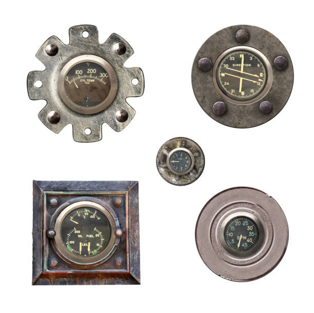 Set of retro indicators on control panel in plane cockpit. Collection of vintage speedometer, inclinometer and odometer. Isolated on white background. Can be used for steampunk and mechanical design