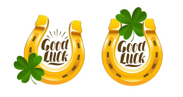 말발굽과 클로버 잎. 성공의 상징. 행운을 빌어 요 레터링 벡터 - horseshoe gold luck success stock illustrations