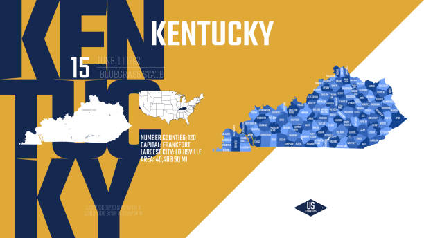 15 of 50 states of the United States, divided into counties with territory nicknames, Detailed vector Kentucky Map with name and date admitted to the Union, travel poster and postcard 15 of 50 states of the United States, divided into counties with territory nicknames, Detailed vector Kentucky Map with name and date admitted to the Union, travel poster and postcard frankfort kentucky stock illustrations