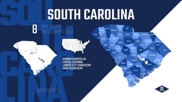 ilustrações, clipart, desenhos animados e ícones de 8 dos 50 estados dos estados unidos, divididos em condados com apelidos de território, mapa detalhado do vetor da carolina do sul com nome e data admitidos na união, pôster de viagem e cartão postal - south carolina map cartography outline