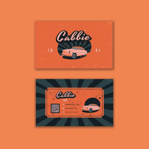 Cab business card in retro style Business card design for a cab service in a retro style with scuffs taxi logo background stock illustrations