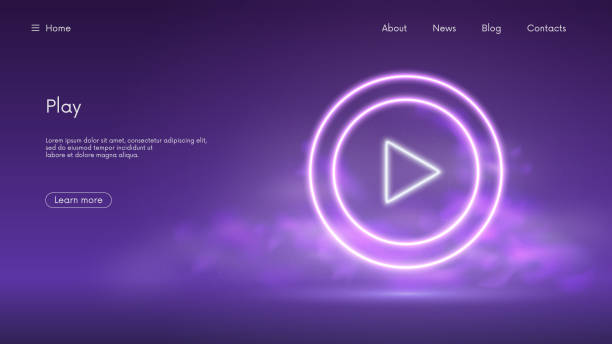 istock Glowing play button sign, start video mark in circle, live streaming media, futuristic technology with violet neon glow in the smoke, vector business background 1395573907
