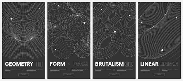 Collection vector posters with strange wireframes of geometric shapes modern design inspired by brutalism, mesh texture tunnel or wormhole, 3d spheres and torus set 2