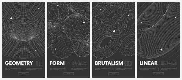 Vector illustration of Collection vector posters with strange wireframes of geometric shapes modern design inspired by brutalism, mesh texture tunnel or wormhole, 3d spheres and torus set 2