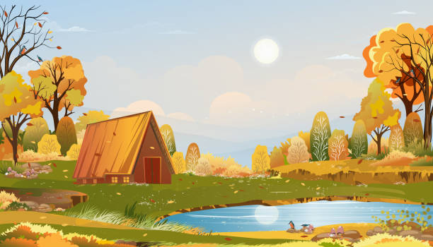 夕焼け、青とオレンジの空の背景を持つ夕方の光の秋の農村風景、ベクター漫画は、日の出と森林樹と草原と田園地帯で秋のシーズン、背景自然のバナー - clear sky village landscape landscaped点のイラスト素材／クリップアート素材／マンガ素材／アイコン素材