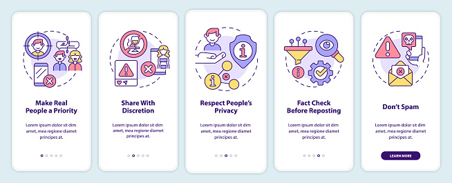 Netiquette rules onboarding mobile app screen. Online interaction walkthrough 5 steps graphic instructions pages with linear concepts. UI, UX, GUI template. Myriad Pro-Bold, Regular fonts used