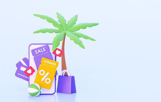 Summer sale of 3D coupons with a percentage sign. A gift certificate for a bargain purchase. Special summer offer for various promotions during vacation and travel. illustration 3d rendering.