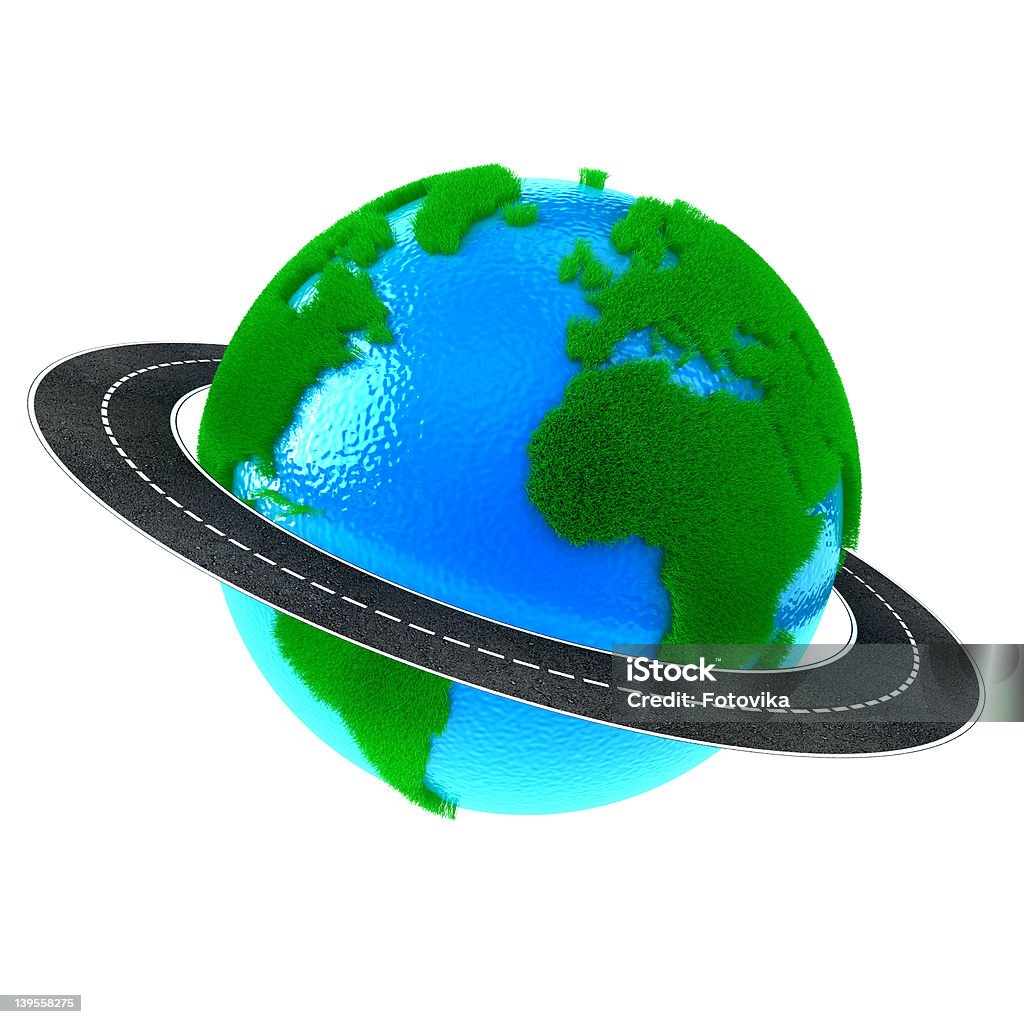 The planet Planet Earth with green grass and road around Circle Stock Photo