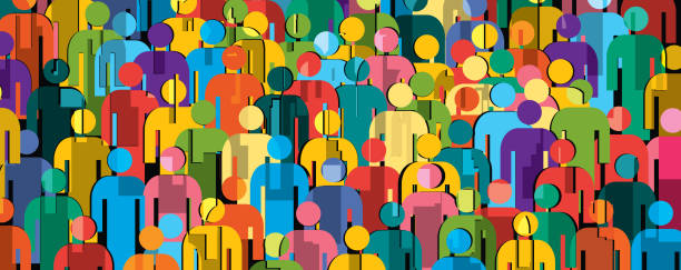 Vector illustration of group of stylized people. Multicolored vector illustration of large group of people. People icons. anonymous activist network stock illustrations