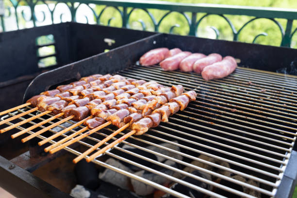 Barbecue. Chicken heart, and sausage barbecue. Grilling. Barbecue grill. Brazilian food.