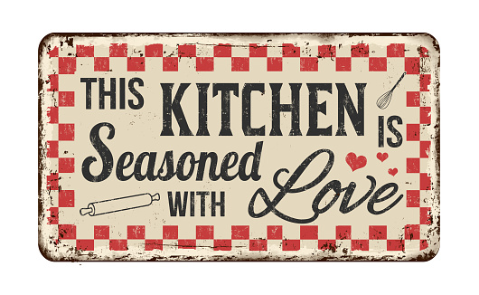 This kitchen is seasoned with love vintage rusty metal sign on a white background, vector illustration