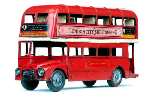 Antique metal toy London double decker bus, dating from the 1950s, made by a famous toy manufacturer