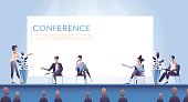istock Illustration of woman introducing panel of experts during conference 1395588194